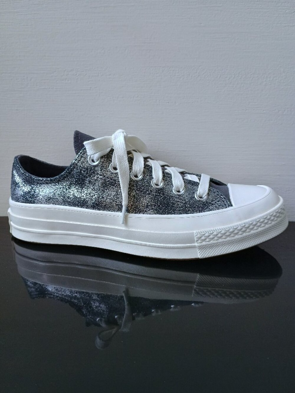 Converse Women's  Chuck 70 Ox Vamp Suede Shimmer Sneakers in Modern Edge Silver